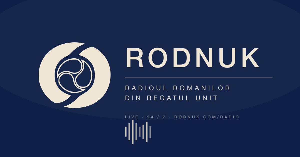 RODNUK Radio — Radioul Romanilor din Regatul Unit. Live 24/7. Logo si identitate vizuala oficiala.